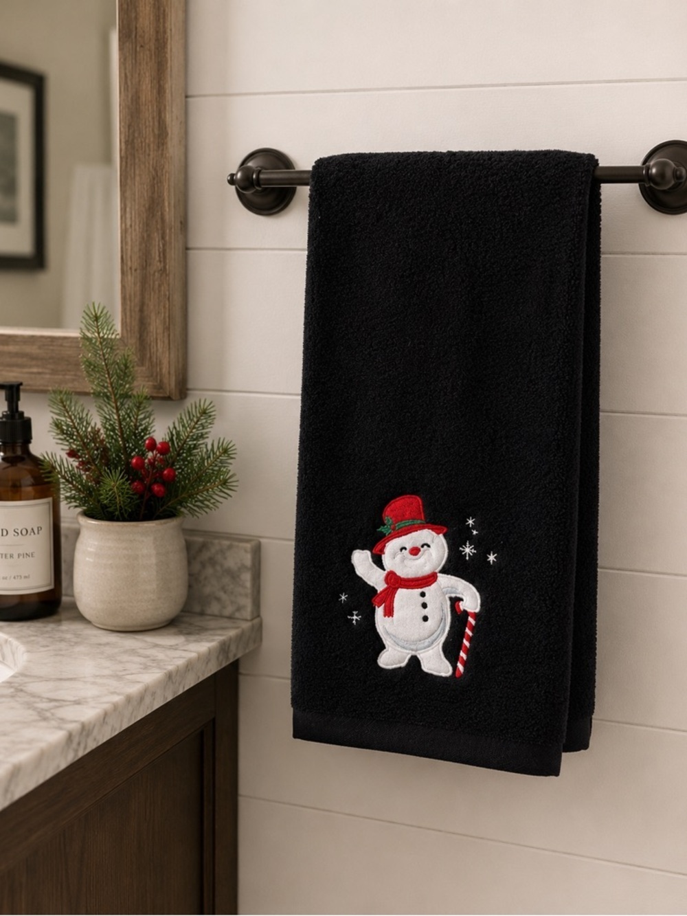 Snowman Embroidered Black Towel
